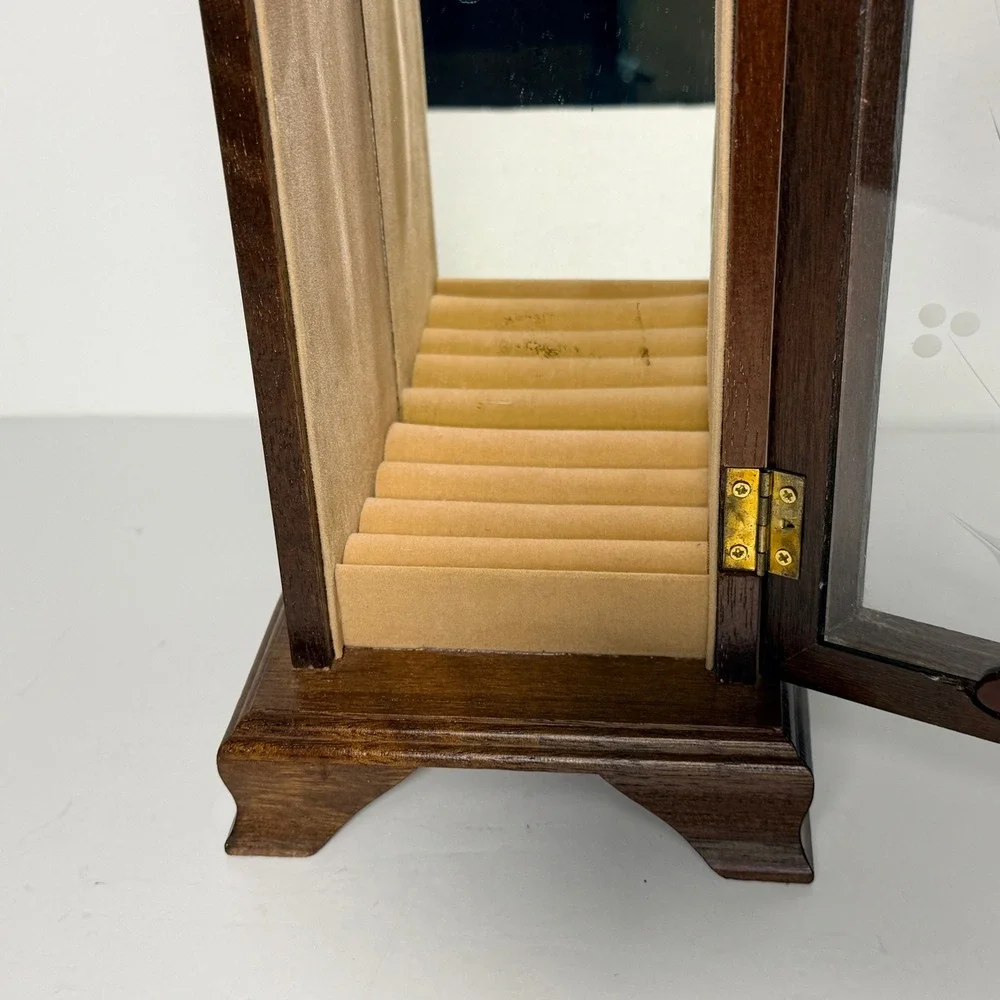 Vintage Wood Jewelry Cabinet Necklace Carousel Etched Glass Mirrored Ring Holder